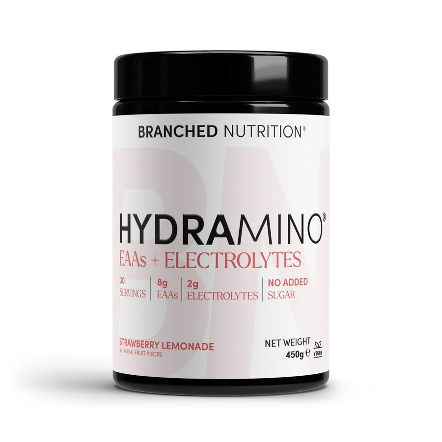 HYDRAMINO EAA and electrolyte hydration powder, Strawberry Lemonade, 450g tub, 30 servings, no added sugar