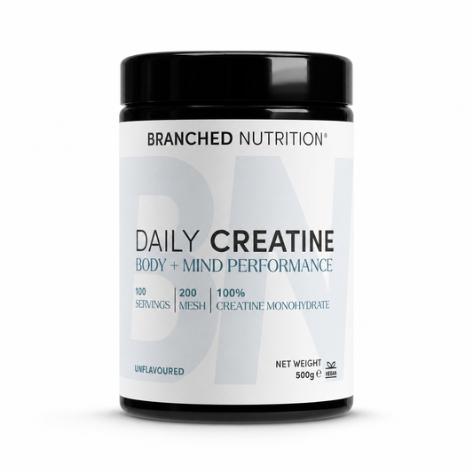 Branched Nutrition Daily Creatine, 500g unflavoured creatine monohydrate powder, front of tub
