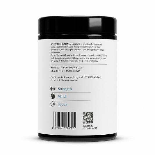 Back of Branched Nutrition Daily Creatine 500g tub showing product overview, barcode and QR code
