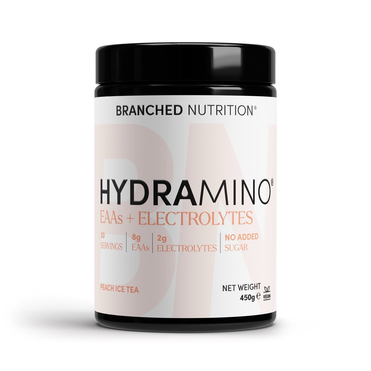 HYDRAMINO EAA and electrolyte hydration powder, Peach Ice Tea, 450g tub, 30 servings, no added sugar